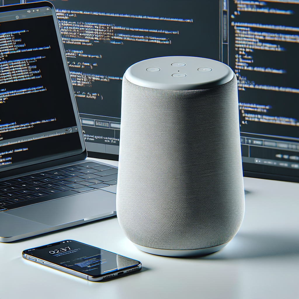 "Close-up of a smart speaker device with visible ports and LED lights, symbolizing cybersecurity research and vulnerability assessment in smart home technology."