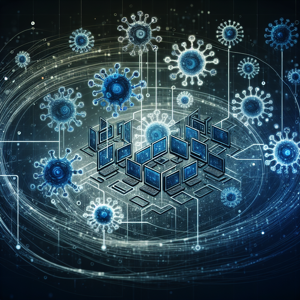 "Illustration showing a network of computers infected with malware to form a botnet, highlighting how hackers manipulate technology for malicious purposes. Relevant for the article 'How Hackers Use Malware to Create Botnets'."