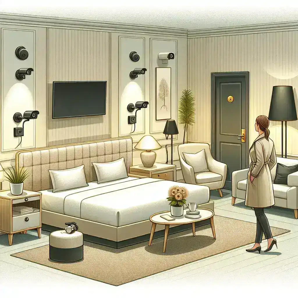 "Person inspecting a hotel room for hidden webcams, using a flashlight to check for suspicious devices in common areas like mirrors and smoke detectors."