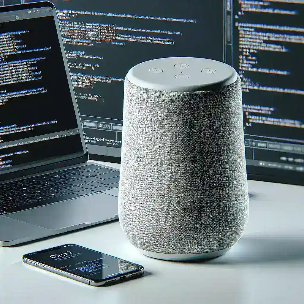 "Close-up of a smart speaker device with visible ports and LED lights, symbolizing cybersecurity research and vulnerability assessment in smart home technology."