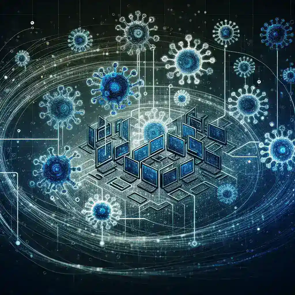 "Illustration showing a network of computers infected with malware to form a botnet, highlighting how hackers manipulate technology for malicious purposes. Relevant for the article 'How Hackers Use Malware to Create Botnets'."
