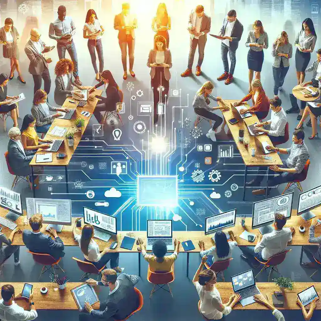 "Employees collaborating on a digital platform, illustrating the impact of Digital Employee Experience Platforms on modern workplace engagement and productivity."